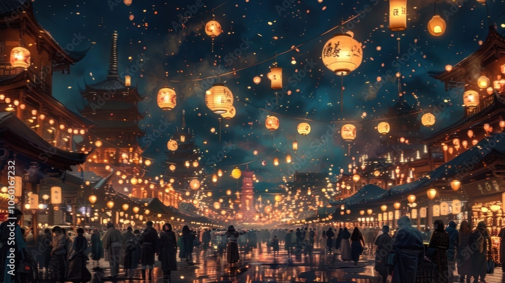 Obraz premium Mesmerizing scene of a vibrant Chinese city street at night with a traditional festival in full swing Thousands of colorful lanterns and festive lighting create a magical