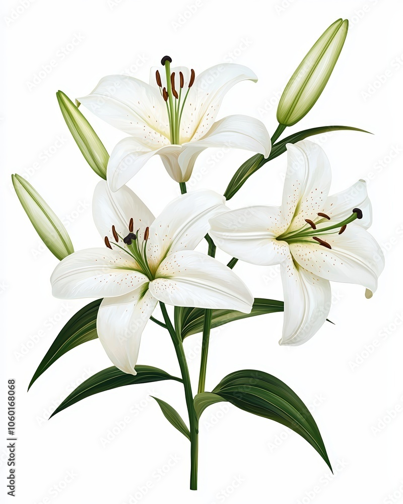 Fototapeta premium Beautiful white lilies with fresh green buds, symbolizing purity and elegance, perfect for any floral-themed design or project.