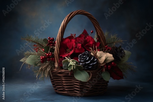 Basket filled with red flowers, green leaves, placed on table, natural light illuminating vibrant colors.