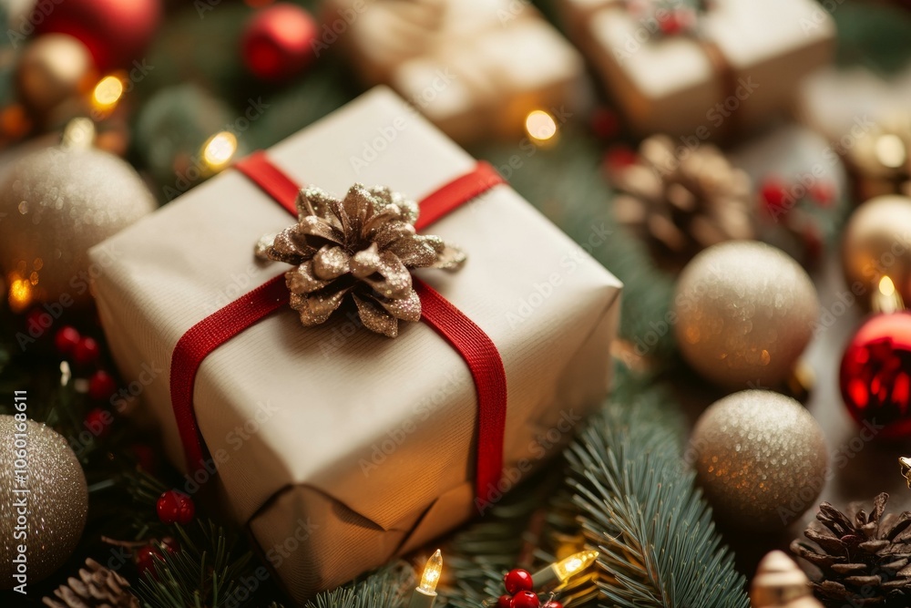 White gift box with red ribbon, red bow among green branches, festive decoration for holiday celebration. White gift box with red ribbon, red bow among green branches, festive decoration for holiday celebration.