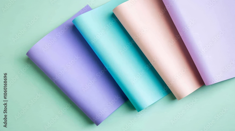Colorful sheets of textured paper in shades of purple, teal, and pastel hues create visually appealing arrangement. Perfect for crafting or artistic projects Colorful sheets of textured paper in shades of purple, teal, and pastel hues create visually appealing arrangement. Perfect for crafting or artistic projects