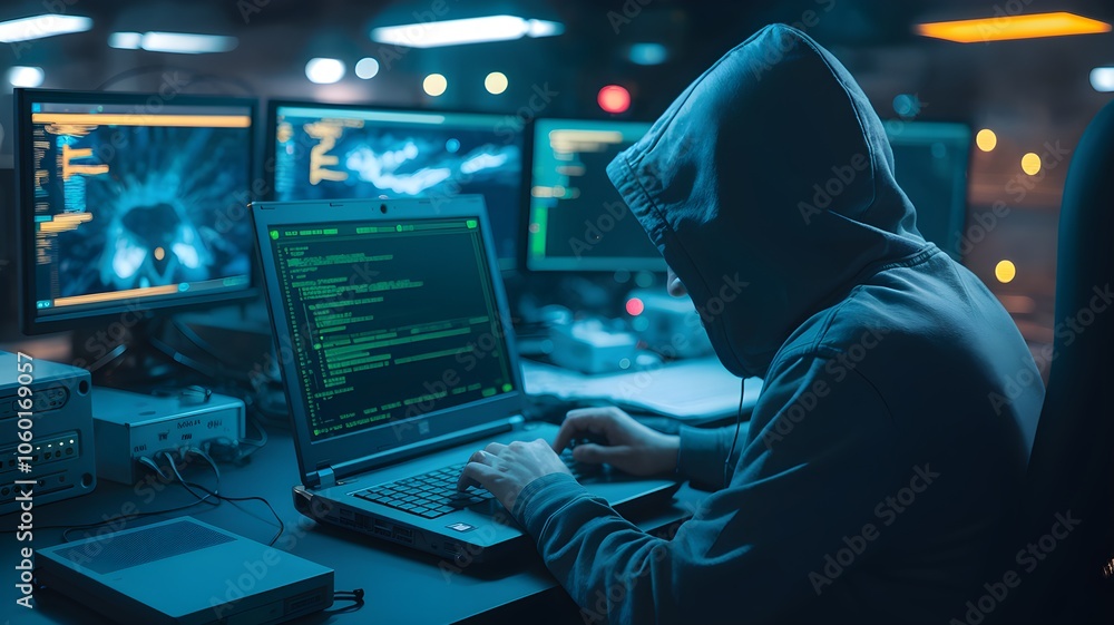 A hooded figure is immersed in coding on a laptop, surrounded by multiple monitors displaying complex data. AI generated. A hooded figure is immersed in coding on a laptop, surrounded by multiple monitors displaying complex data. AI generated.