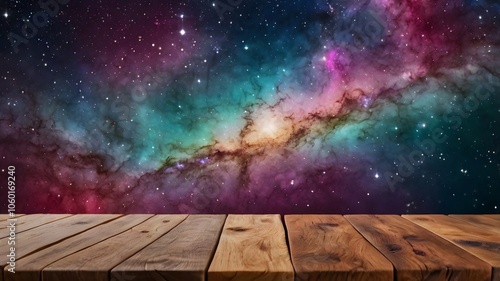 Brown wooden deck & magical cosmic galaxy universe vivid sky,  illustrating space beauty & wonder. exploration imagination & tranquillity photo