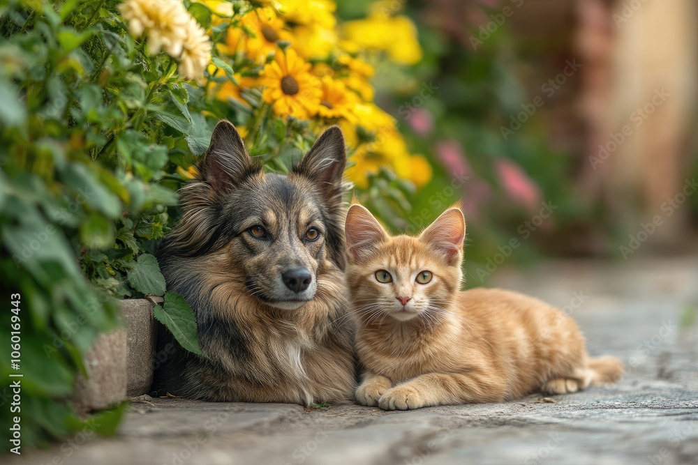 Dog and cat relaxing together in flower garden Dog and cat relaxing together in flower garden