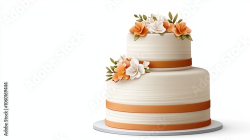 Elegant two-tier wedding cake adorned with orange and white flowers, perfect for celebrations and special occasions. photo