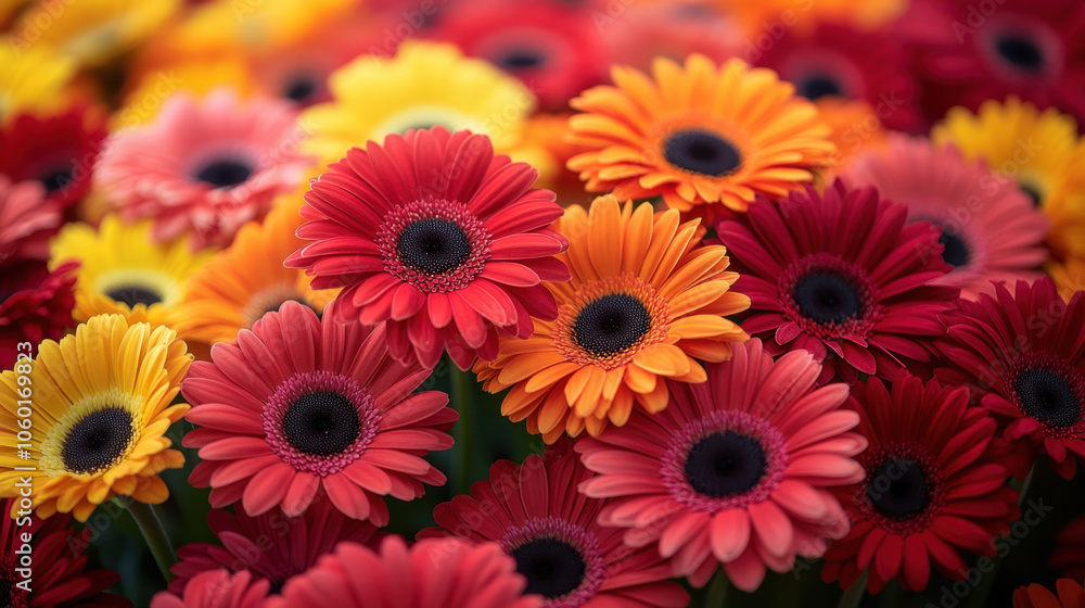 Fototapeta premium vibrant and colorful bouquet of gerbera daisies in various shades of red, orange, and yellow creates cheerful and lively atmosphere. flowers are beautifully arranged, showcasing their unique shapes