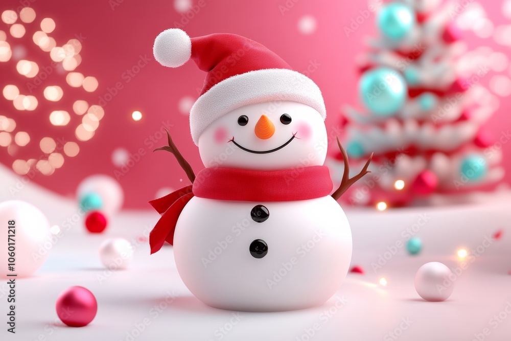 Snowman with a red scarf and a red hat is standing in front of a Christmas tree Snowman with a red scarf and a red hat is standing in front of a Christmas tree