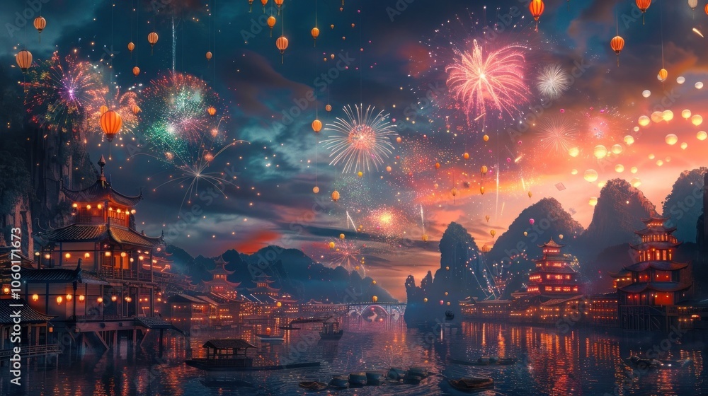 Fototapeta premium Spectacular fireworks burst across the night sky illuminating the serene traditional temples and towering mountains reflected in the calm river below This vibrant