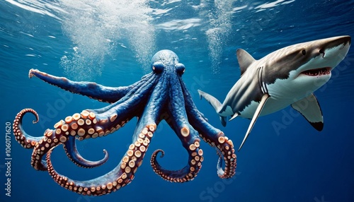 Coconut octopus feeding on plankton during night. Body half hidden in a folded cockle shell, octopus waves its tentacles in the water grabbing microorganisms that are prey. Closeup shot photo