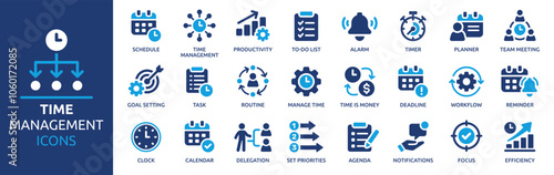 Time management icon set. Containing schedule, to-do list, task, manage time, planner, calendar, delegation, reminder, timer, set priorities and more. Solid vector icons collection.