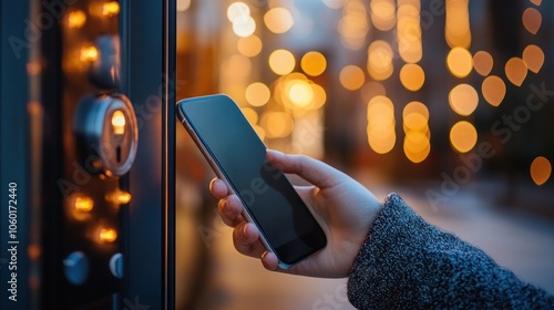 A hand holding a smartphone near a door lock with soft bokeh lights in the background. photo