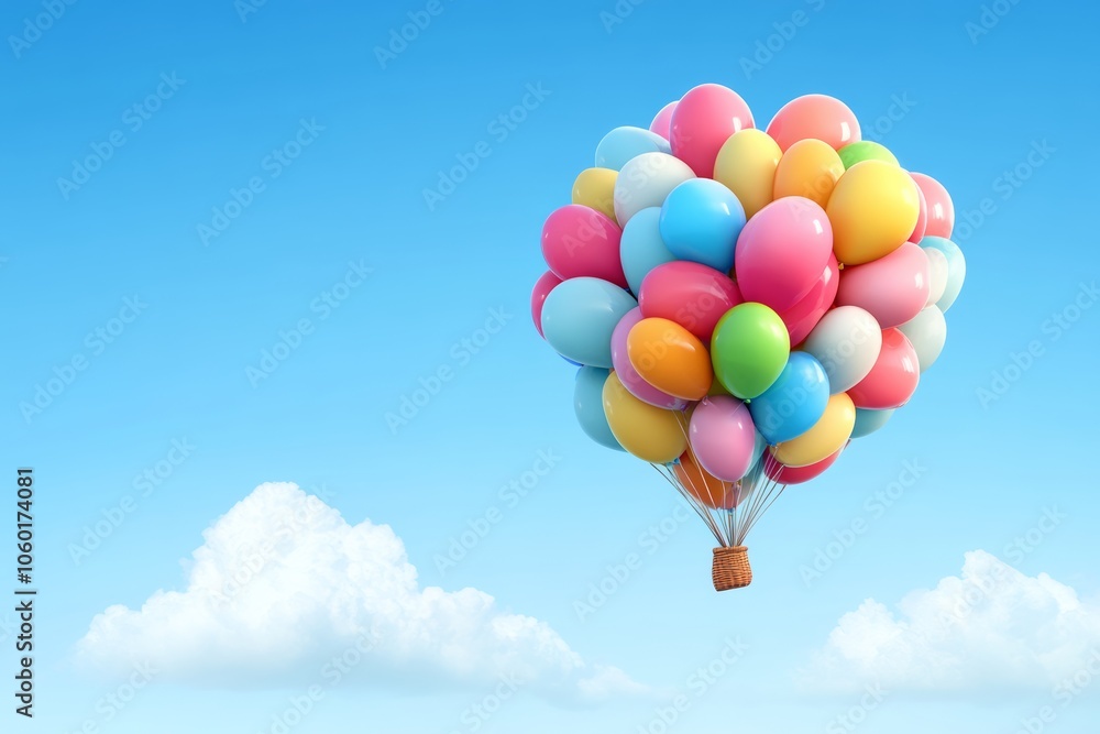Fototapeta premium Colorful hot air balloon filled with balloons is floating in the sky. The balloons are of various colors, including pink, yellow, green, and blue. Concept of joy and freedom