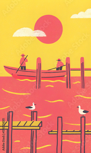 Vibrant Sunset Over Fishermen on a Boat with Seagulls and Pier in Retro Style photo