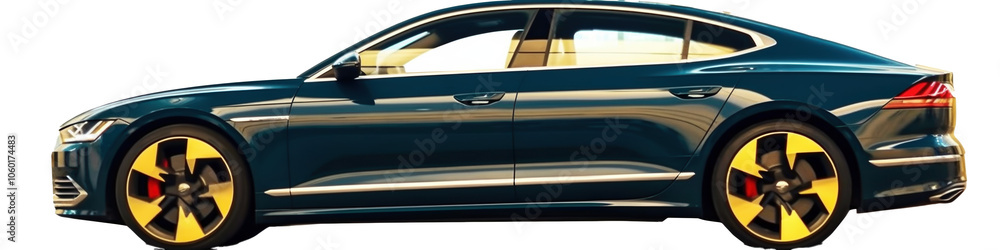 Fototapeta premium Sleek and stylish black sedan with unique yellow wheels in an urban setting.