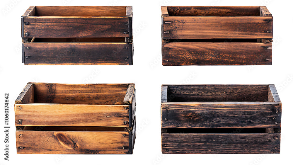 Obraz premium Four wooden crates, different shades of light and dark brown. transparent background. 