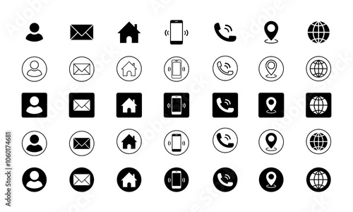 Contact icon set, Business icons, web icon collection, mobile phone, call, contact, location, globe, website, and profile symbol. Business card contact information icons isolated on a white background