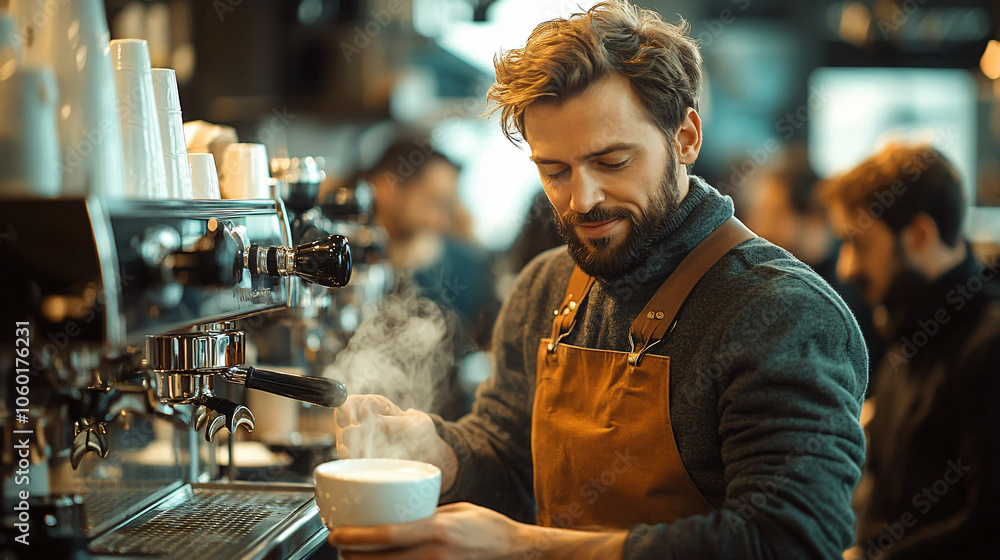 Barista Preparing Coffee Drinks in Busy Modern Coffee Shop Barista Preparing Coffee Drinks in Busy Modern Coffee Shop