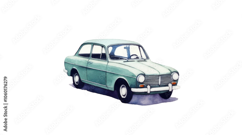 Fototapeta premium Illustration of a vintage green compact car with a classic design and white-wall tires.