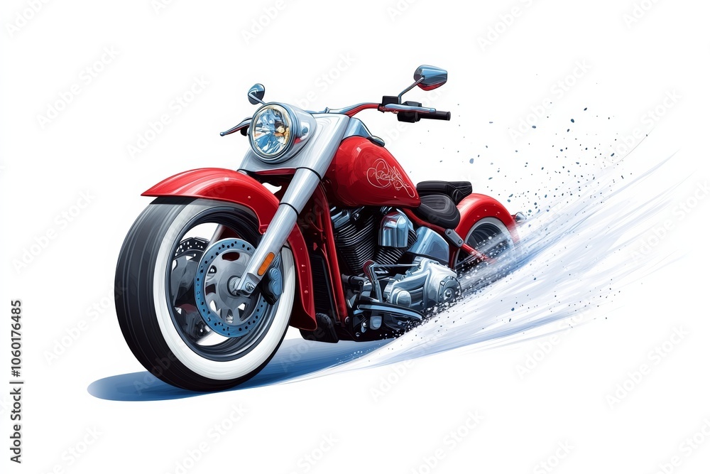 Obraz premium Red motorcycle is shown in a snowstorm. The motorcycle is a Harley Davidson and is shown in a very dynamic and exciting way. The snowstorm adds to the sense of adventure and excitement