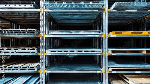 A view of metal shelves in a storage area, featuring multiple levels of organization for materials or products. photo