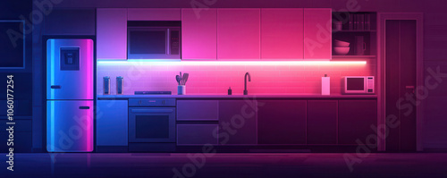 Modern kitchen with neon lighting, sleek appliances, and stylish decor