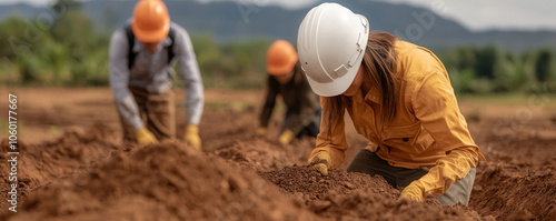 diverse group of people inspecting soil in field, focused and engaged