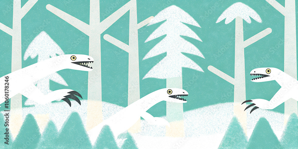 Obraz premium Cartoon Dinosaurs in Snowy Forest with Stylized Trees