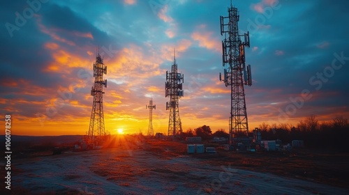 Communication towers silhouetted against a vibrant sunset.