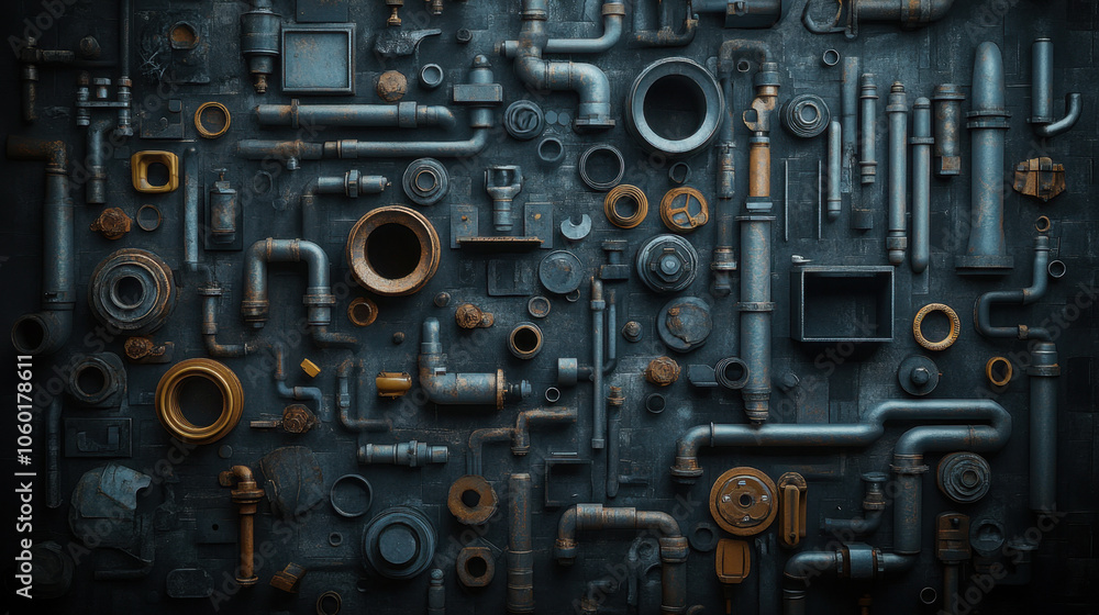A detailed arrangement of industrial pipes and fittings, showcasing a rich texture and various metallic finishes, including rust and shine. A detailed arrangement of industrial pipes and fittings, showcasing a rich texture and various metallic finishes, including rust and shine.