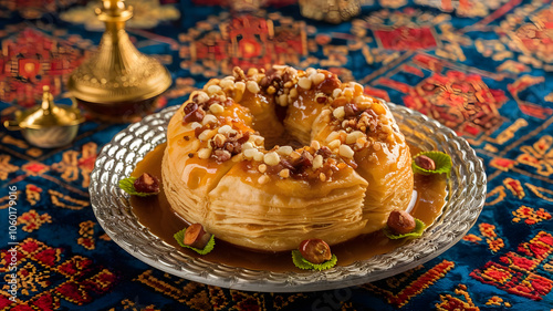 Maqtab Sweet: A flaky pastry filled with a sweet mixture, elegantly presented on a platter, garnished with syrup and nuts, with a vibrant backdrop.

 photo