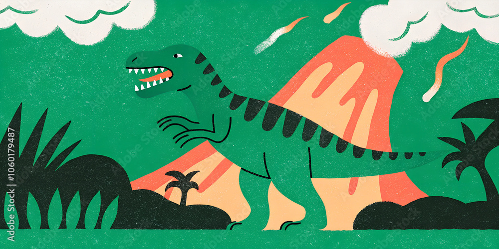 Retro Dinosaur Scene with Volcano and Tropical Plants Retro Dinosaur Scene with Volcano and Tropical Plants