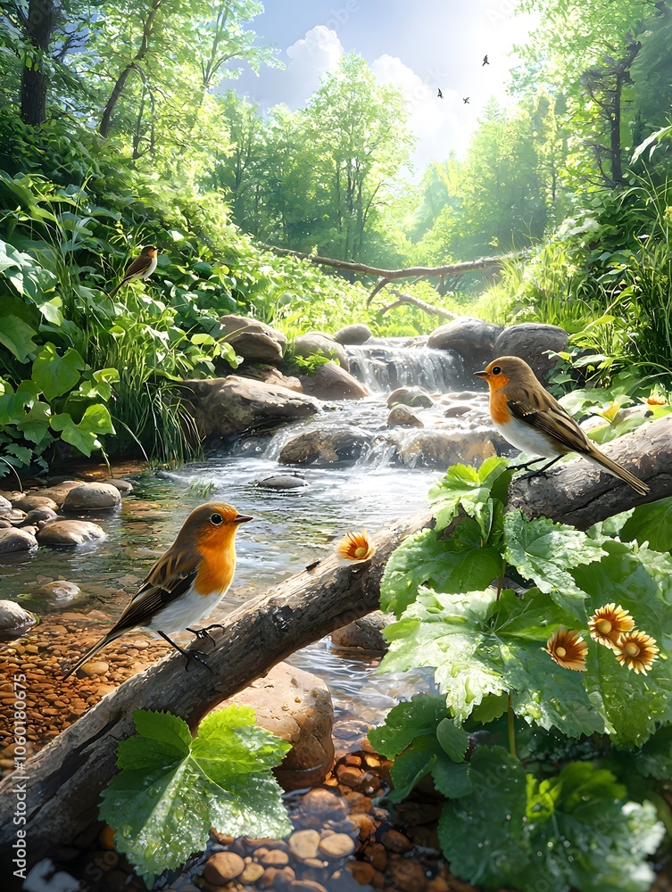 Naklejka premium Robins by the Stream.