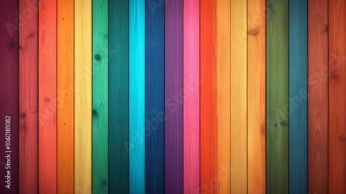 Colorful vertical wooden slats create a vibrant backdrop.