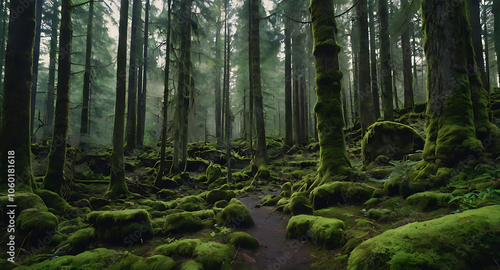 Fototapeta premium A dense, untouched forest filled with moss-covered rocks and towering trees. Primitive wilderness untouched by human development, radiating a sense of mystery and ancient times.
