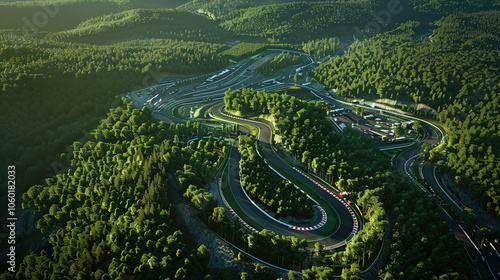 Aerial View of Nürburgring Nordschleife Track Layout Amidst Dense Green Forests, Capturing Iconic Winding Path