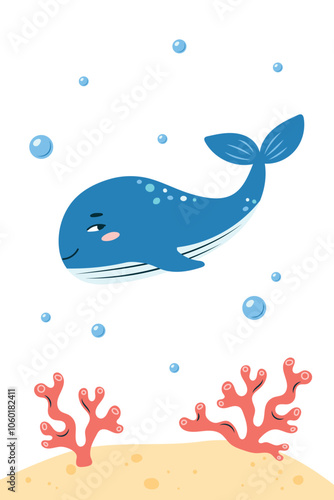 Vertical poster with whale. Character in children's style. vector illustration.