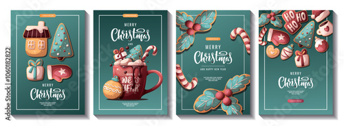 Christmas and New Year flyer set with gingerbread cookies and hot chocolate. Vector illustration for greeting cards, banners, posters, flyers.