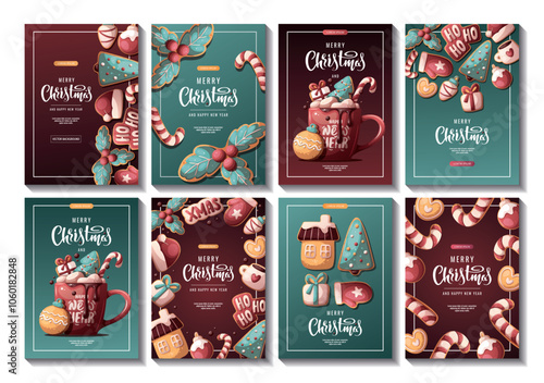 Christmas and New Year flyer set with gingerbread cookies and hot chocolate. Vector illustration for greeting cards, banners, posters, flyers.