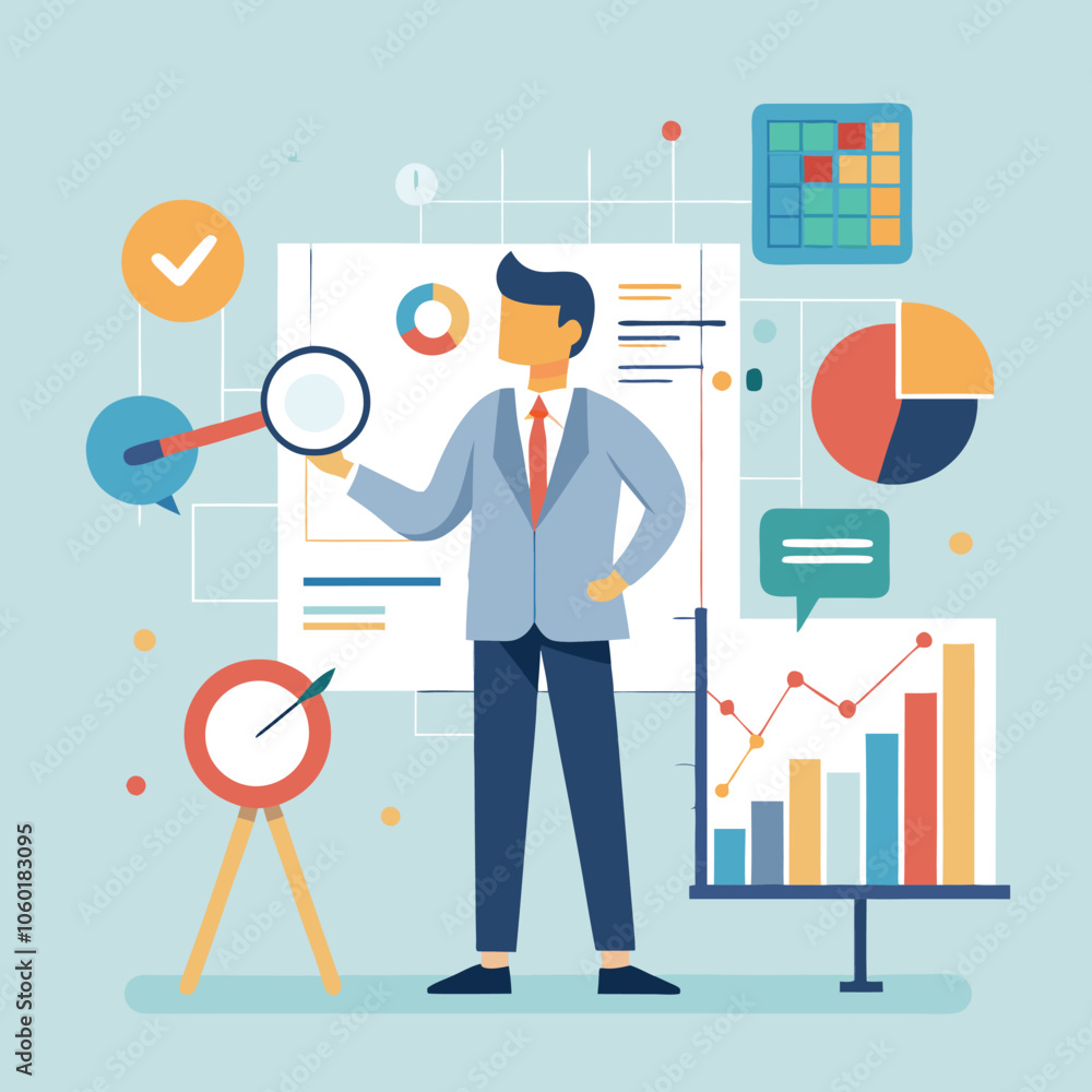 Comprehensive Business Analysis: Financial Research and Data Visualization by Professional Analyst vector illustration. Comprehensive Business Analysis: Financial Research and Data Visualization by Professional Analyst vector illustration.