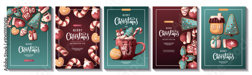 Christmas and New Year flyer set with gingerbread cookies and hot chocolate. Vector illustration for greeting cards, banners, posters, flyers.