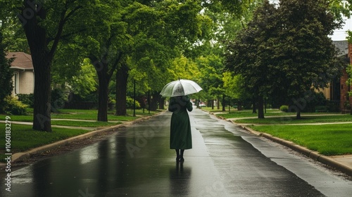 A woman in a long, dark green raincoat holding a clear umbrella, strolling along a quiet, rainy suburban street lined with trees photo