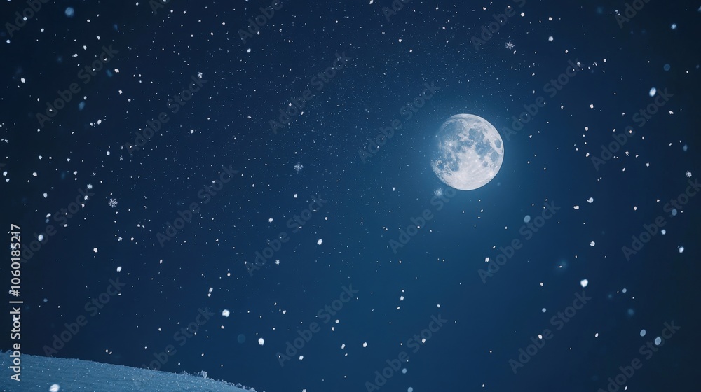Fototapeta premium Snowy Night Sky with Full Moon and Stars