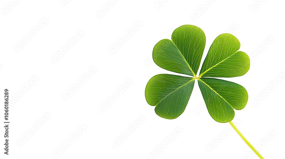 A vibrant green four leaf clover, symbolizing luck and good fortune, isolated on a clean white background. The intricate details of the clover leaf are highlighted, making it a perfect image for St A vibrant green four leaf clover, symbolizing luck and good fortune, isolated on a clean white background. The intricate details of the clover leaf are highlighted, making it a perfect image for St