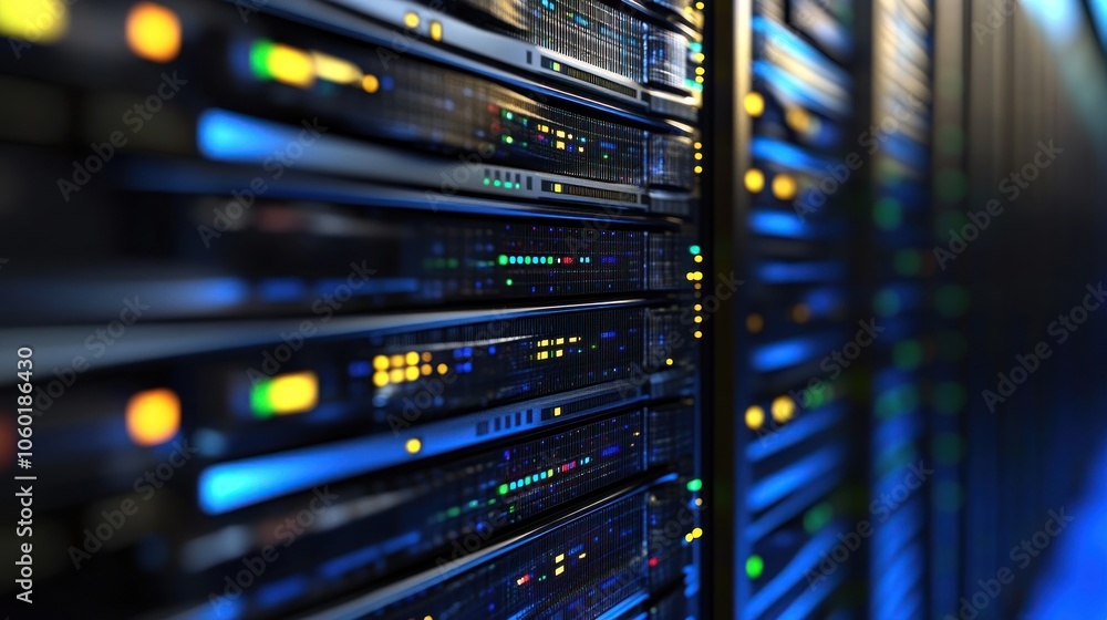 A close-up view of server racks in a data center, showcasing technology infrastructure. A close-up view of server racks in a data center, showcasing technology infrastructure.