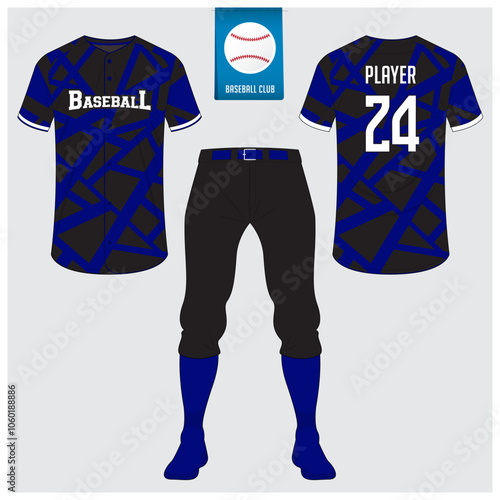 Baseball uniform or baseball jersey mock up. Sportswear, t-shirt sport, short, sock template. Front and back view baseball kit. Flat baseball logo on blue label. 