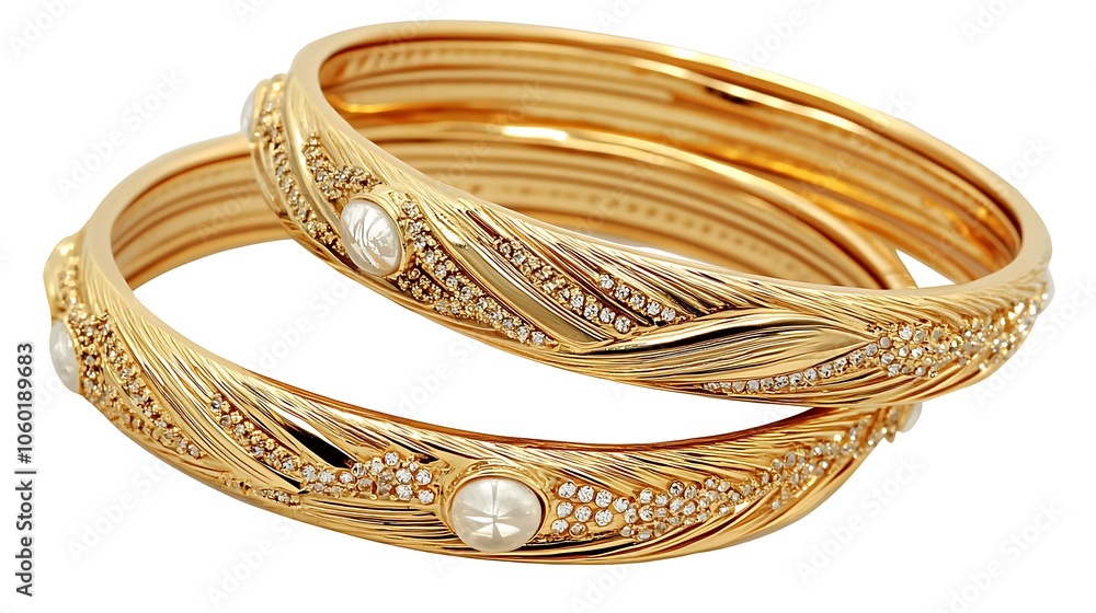A close up shot of a set of stunning gold bangles, each intricately designed with delicate patterns and embellishments, reflecting the light and creating a mesmerizing sparkle. A close up shot of a set of stunning gold bangles, each intricately designed with delicate patterns and embellishments, reflecting the light and creating a mesmerizing sparkle.