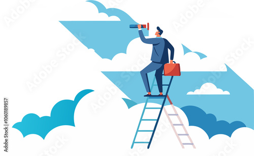 Business opportunity success ladder: seeking new jobs, career paths, leadership discovery, or searching for success concepts. A smart businessman climbs a ladder and looks through a telescope, showing