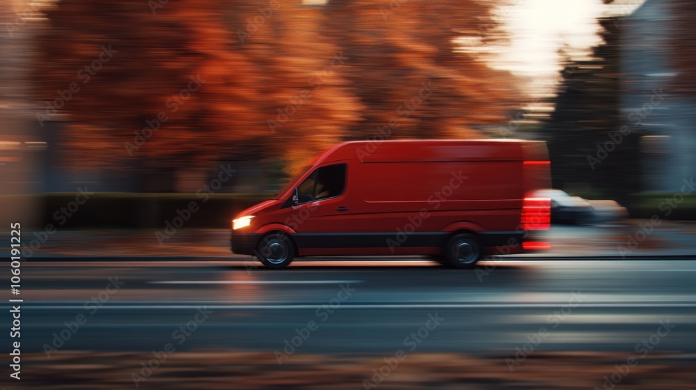 Fototapeta premium A red van speeds down a street, surrounded by autumn foliage.