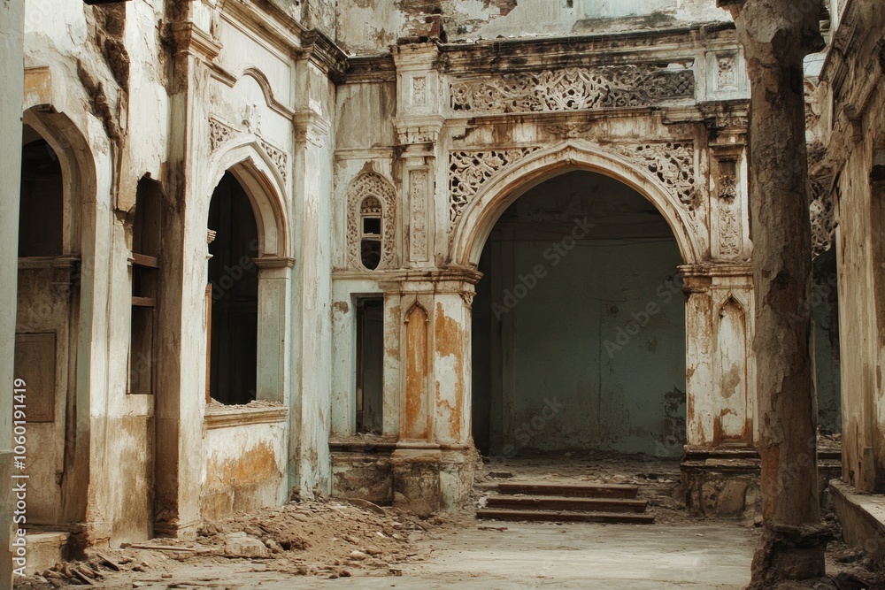 Fototapeta premium A view of a dilapidated interior with ornate arches and crumbling walls.