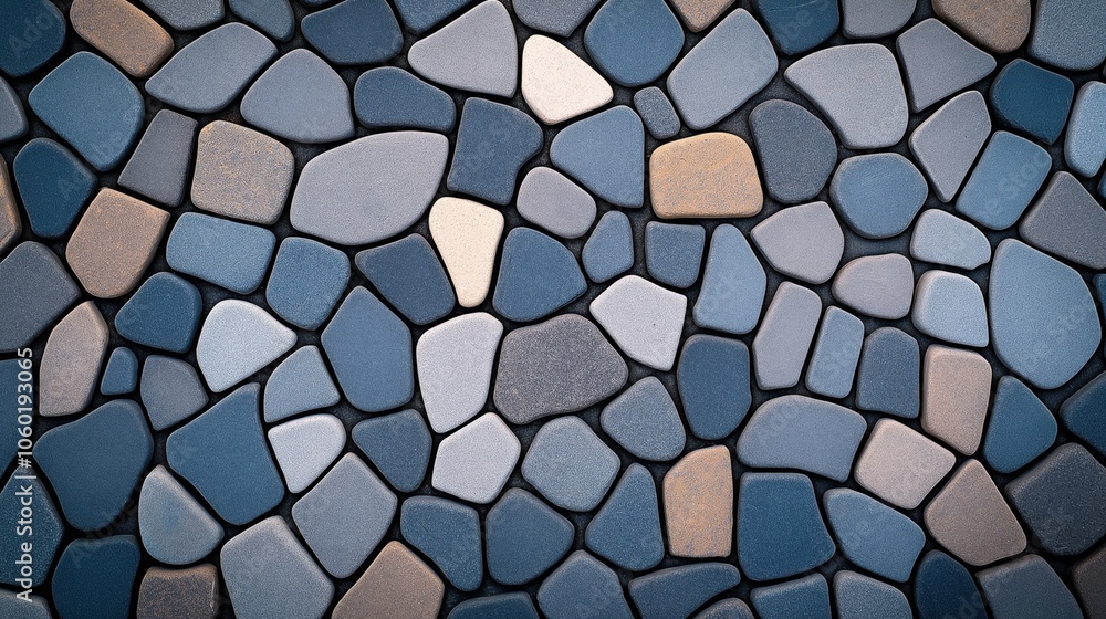 Abstract close-up of irregularly shaped and smooth stones in various shades of blue and gray arranged in a mosaic pattern Abstract close-up of irregularly shaped and smooth stones in various shades of blue and gray arranged in a mosaic pattern